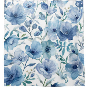 Blue Botanical Watercolor Floral Garden Shower Curtain