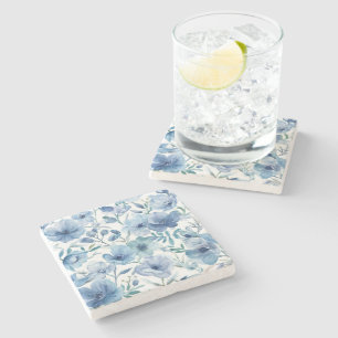 Blue Botanical Watercolor Floral Garden Stone Coaster