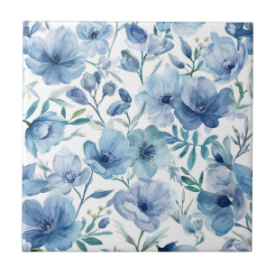Blue Botanical Watercolor Floral Garden Tile
