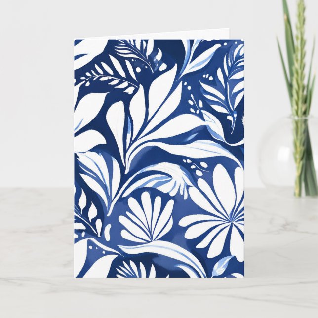 Blue Botanical Watercolor Floral Pattern Card (Front)