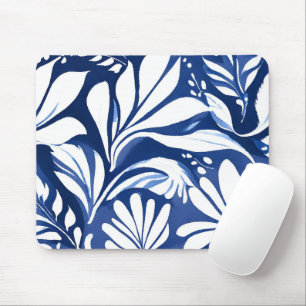 Blue Botanical Watercolor Floral Pattern Mouse Mat
