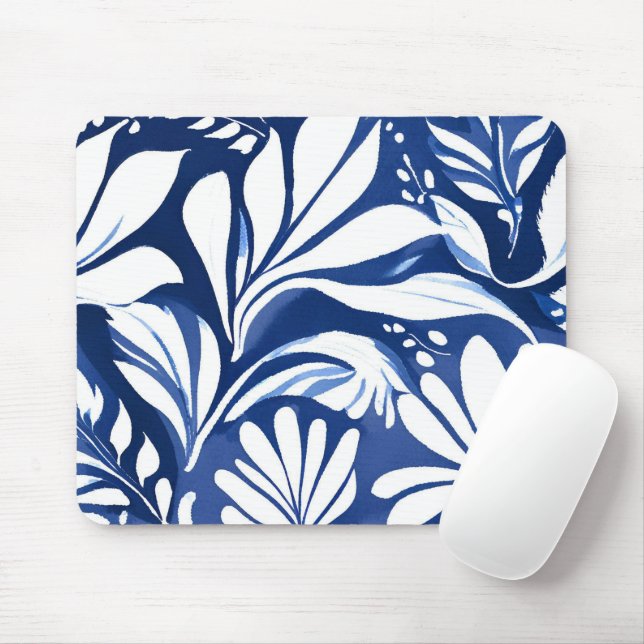 Blue Botanical Watercolor Floral Pattern Mouse Mat (With Mouse)