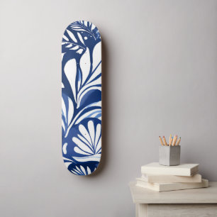 Blue Botanical Watercolor Floral Pattern Skateboard