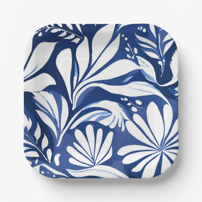 Blue Botanical Watercolor Floral White Pattern Paper Plate (Front)