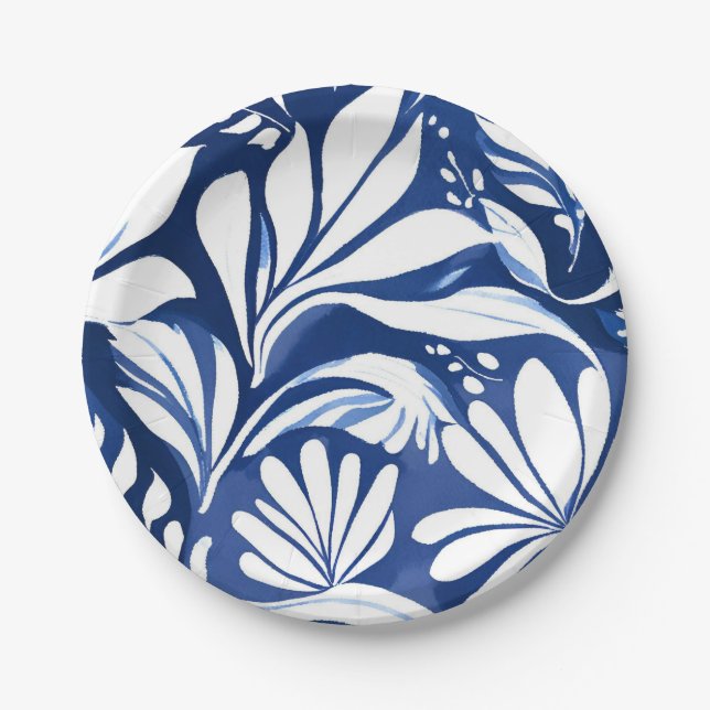Blue Botanical Watercolor Floral White Pattern Paper Plate (Front)