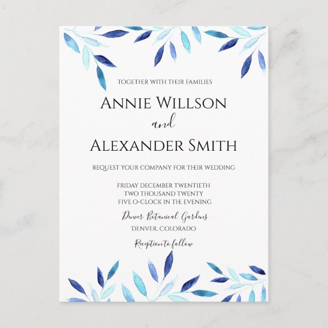 Blue Botanical Watercolor Winter Wedding Invite Postcard (Front)
