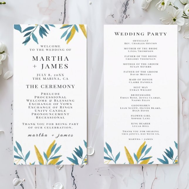 Blue Botanical Wedding Ceremony and Party Program (Creator Uploaded)