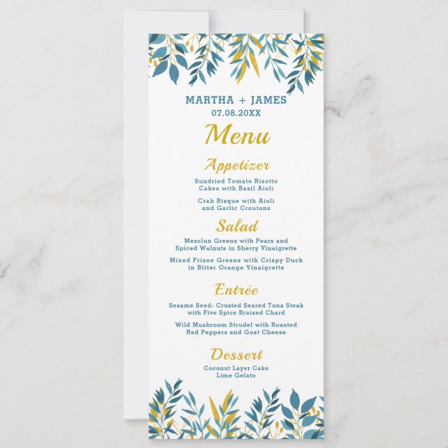 Blue Botanical Wedding Dinner Menu Card (Front)