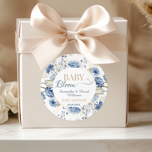 Blue Botanical Wildflower Baby in Bloom Baby Showe Classic Round Sticker (Creator Uploaded)