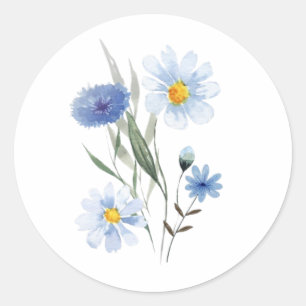 Blue Botanical Wildflower Bouquet   Watercolor  Classic Round Sticker