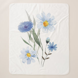 Blue Botanical Wildflower Bouquet Watercolor Sherpa Blanket