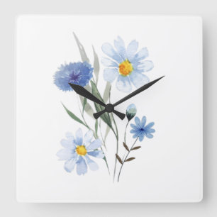Blue Botanical Wildflower Bouquet Watercolor Square Wall Clock