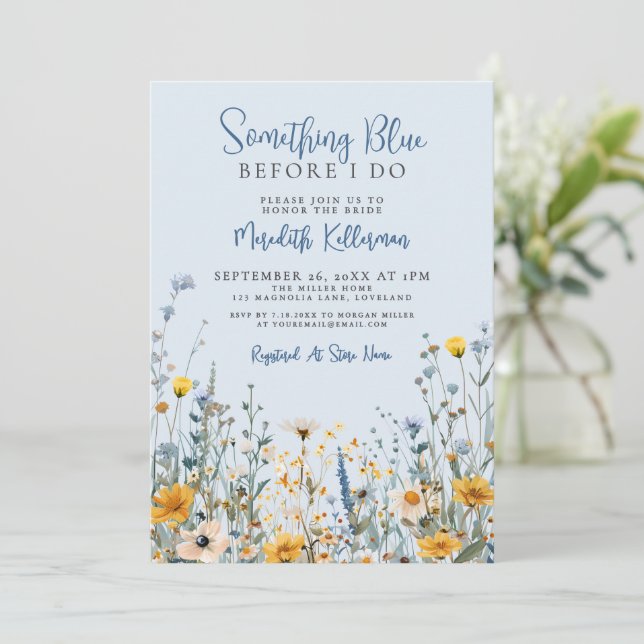Blue Botanical Wildflower Bridal Shower Invitation (Standing Front)