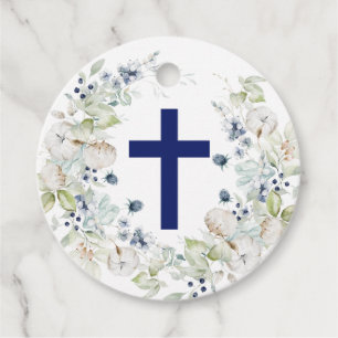 Blue Botanical Wreath Boy Baptism Favour Tags