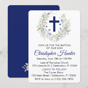 Blue Botanical Wreath Boy Baptism Invitation