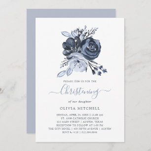 Blue Bouquet Watercolor Floral Christening Invitation