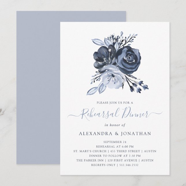 Blue Bouquet | Watercolor Floral Rehearsal Dinner Invitation (Front/Back)