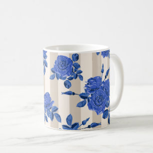 Blue bouquets of roses on a striped background  coffee mug