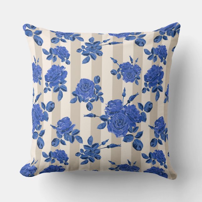 Blue bouquets of roses on a striped background  cushion (Front)