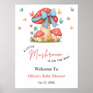 Blue Bow A Little Mushroom Baby Shower Welcome Poster