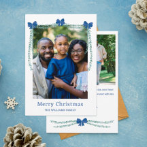 Blue Bow-Adorned Garland Merry Christmas Photo