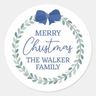 Blue Bow-Adorned Wreath Merry Christmas Classic Round Sticker