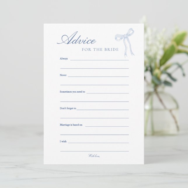 Blue Bow Advice For The Bride Blue Advice Card (Standing Front)