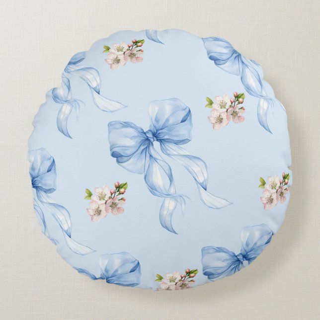 Blue bow and cherry blossom round cushion (Front)