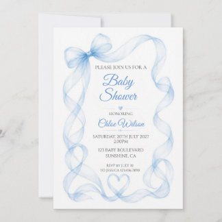 Blue Bow and Heart Baby Boy Shower Invitation