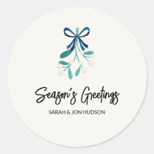 Blue Bow and Mistletoe Classic Round Sticker