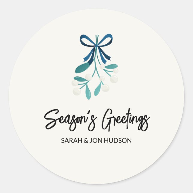 Blue Bow and Mistletoe Classic Round Sticker (Front)