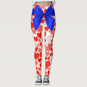 Blue Bow and Red Pink Hearts Leggings