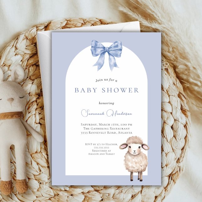 Blue Bow Animal Lamb Baby Shower Invitation (Creator Uploaded)