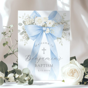 Blue Bow Baby Boy Baptism Elegant Welcome Poster