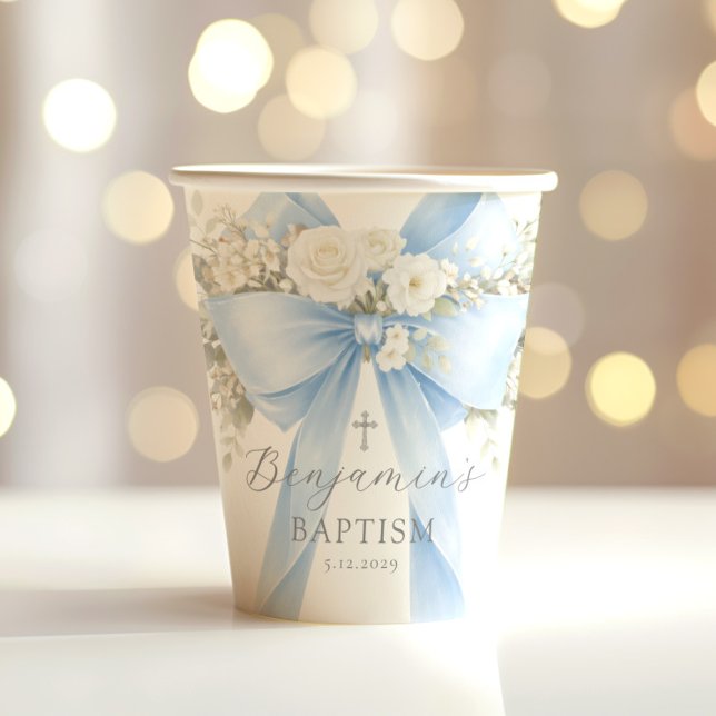 Blue Bow Baby Boy Baptism Eucalyptus Paper Cups (Creator Uploaded)