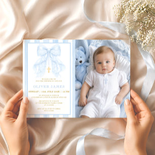 Blue Bow Baby Boy Baptism Photo Invitation