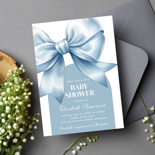 Blue Bow Baby Boy Elegant Baby Shower Invitation (Blue Bow Baby Boy Elegant Baby Shower Invitation)