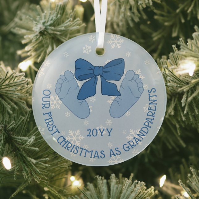 Blue Bow Baby Feet Grandparents First Christmas Glass Tree Decoration (Insitu)