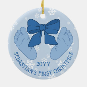 Blue Bow Baby Feet Photo Son's First Christmas Ceramic Tree Decoration