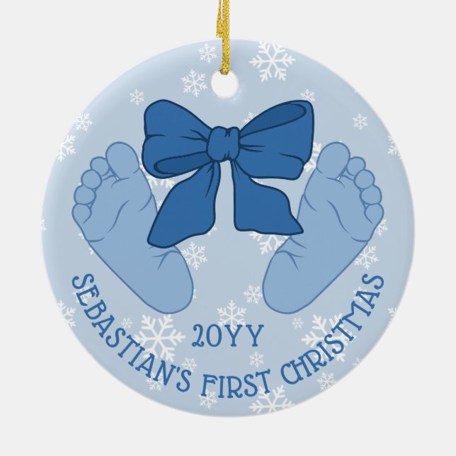 Blue Bow Baby Feet Photo Son's First Christmas Ceramic Tree Decoration (Back)