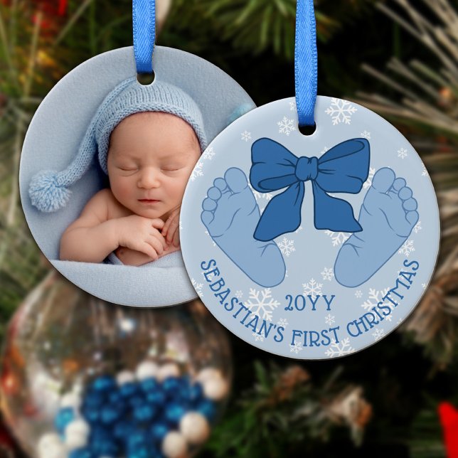 Blue Bow Baby Feet Photo Son's First Christmas Ceramic Tree Decoration (Creator Uploaded)