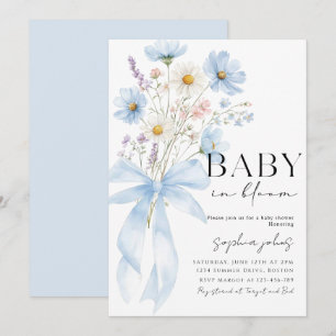Blue Bow Baby in Bloom Boy Baby Shower Invitation