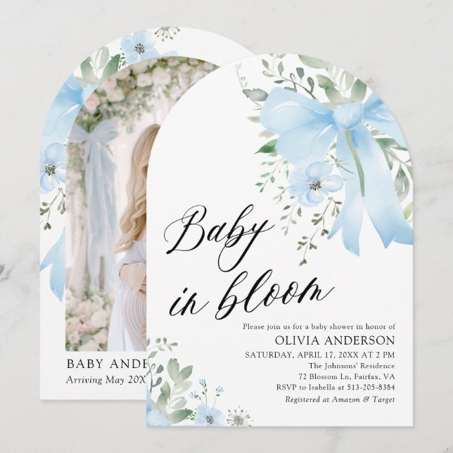 Blue Bow Baby in Bloom Floral Arch Baby Shower Invitation (Front/Back)
