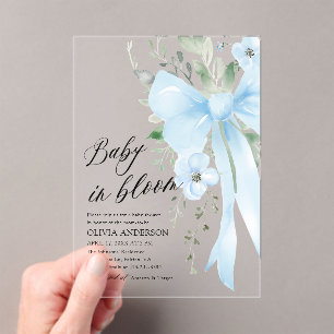 Blue Bow Baby in Bloom Floral Baby Boy Baby Shower Acrylic Invitations