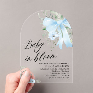 Blue Bow Baby in Bloom Floral Boy Arch Baby Shower Acrylic Invitations