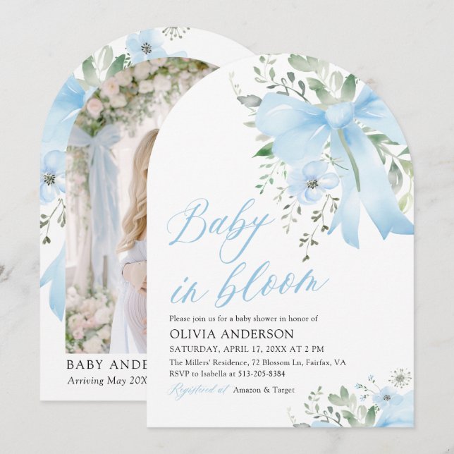 Blue Bow Baby in Bloom Floral Boy Arch Baby Shower Invitation (Front/Back)