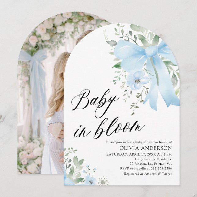 Blue Bow Baby in Bloom Floral Boy Arch Baby Shower Invitation (Front/Back)