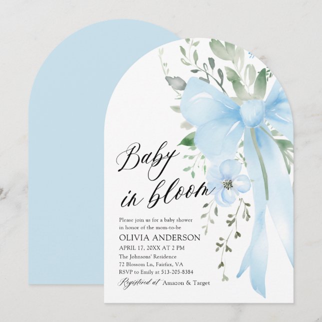 Blue Bow Baby in Bloom Floral Boy Arch Baby Shower Invitation (Front/Back)