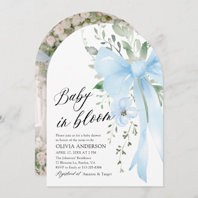 Blue Bow Baby in Bloom Floral Boy Arch Baby Shower Invitation (Front/Back)