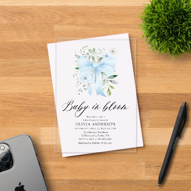 Blue Bow Baby in Bloom Floral Boy Baby Shower Acrylic Invitations (Insitu (Invitation Card))